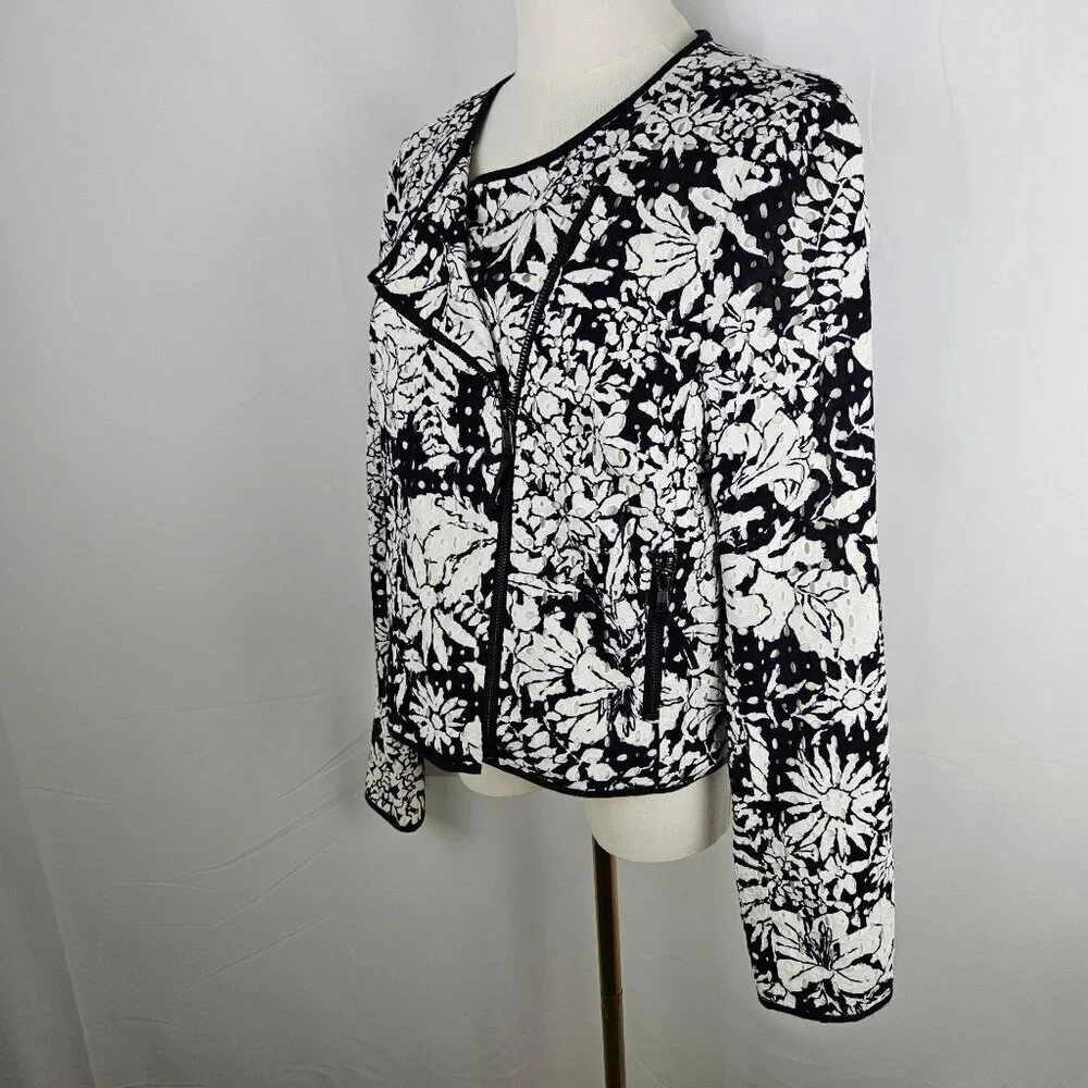Boden Amelie Broderie Biker Jacket Sz 10 White Black Zip Front Floral Officewear